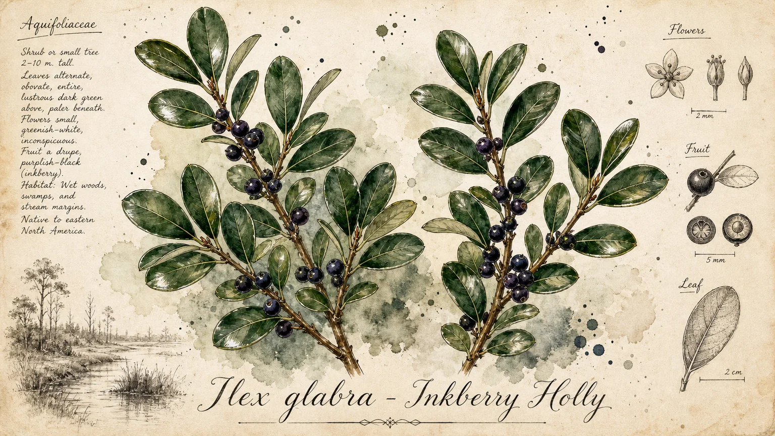 A botanical watercolor illustration of inkberry holly branches with glossy green leaves and dark berries.