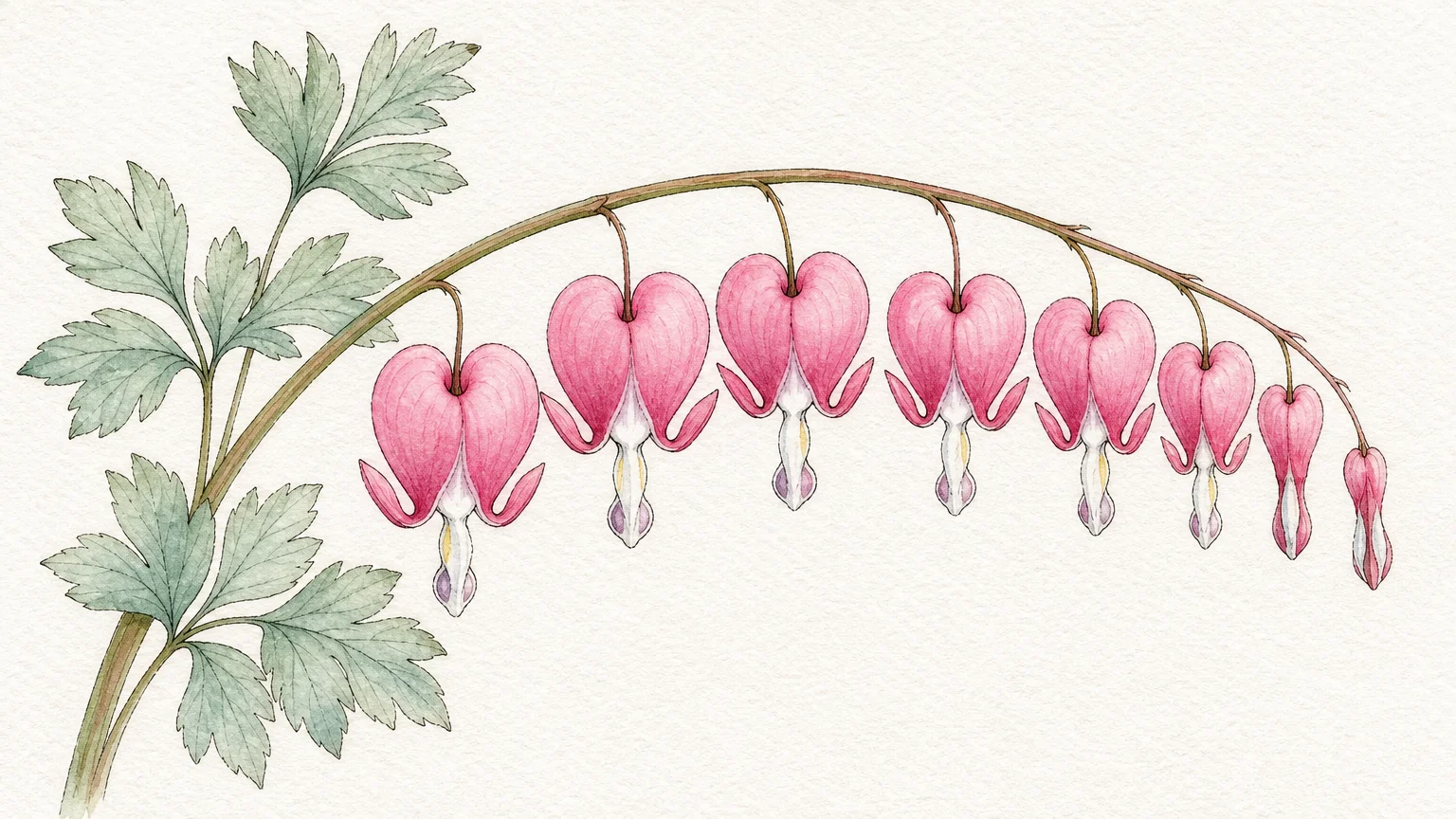A botanical watercolor illustration of pink heart-shaped Bleeding Heart flowers dangling from an arching stem.