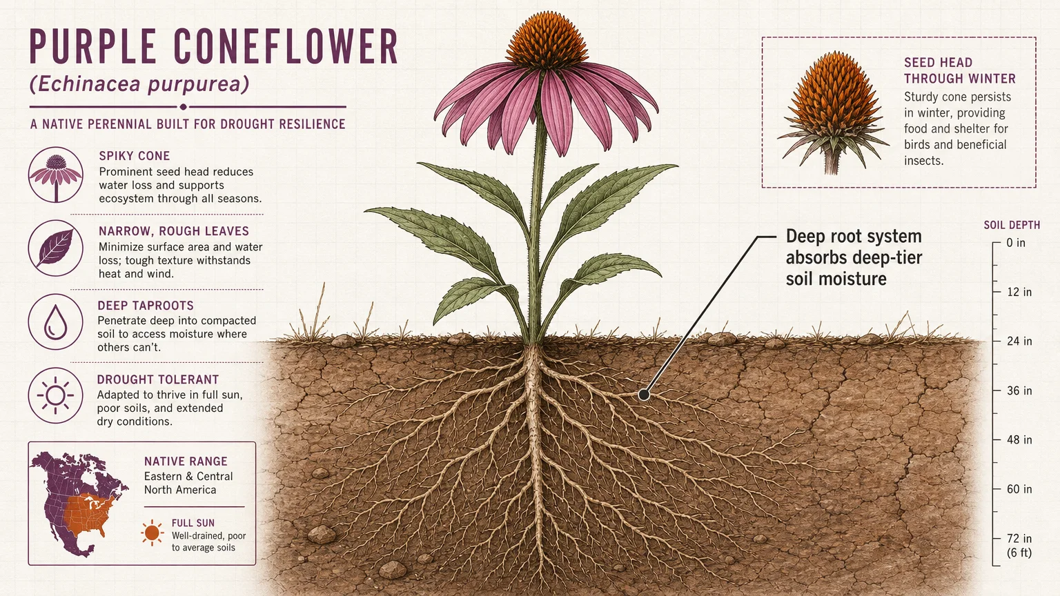 A clean botanical diagram showing a Purple Coneflower above ground and its extensive, deep root system in dry soil below.