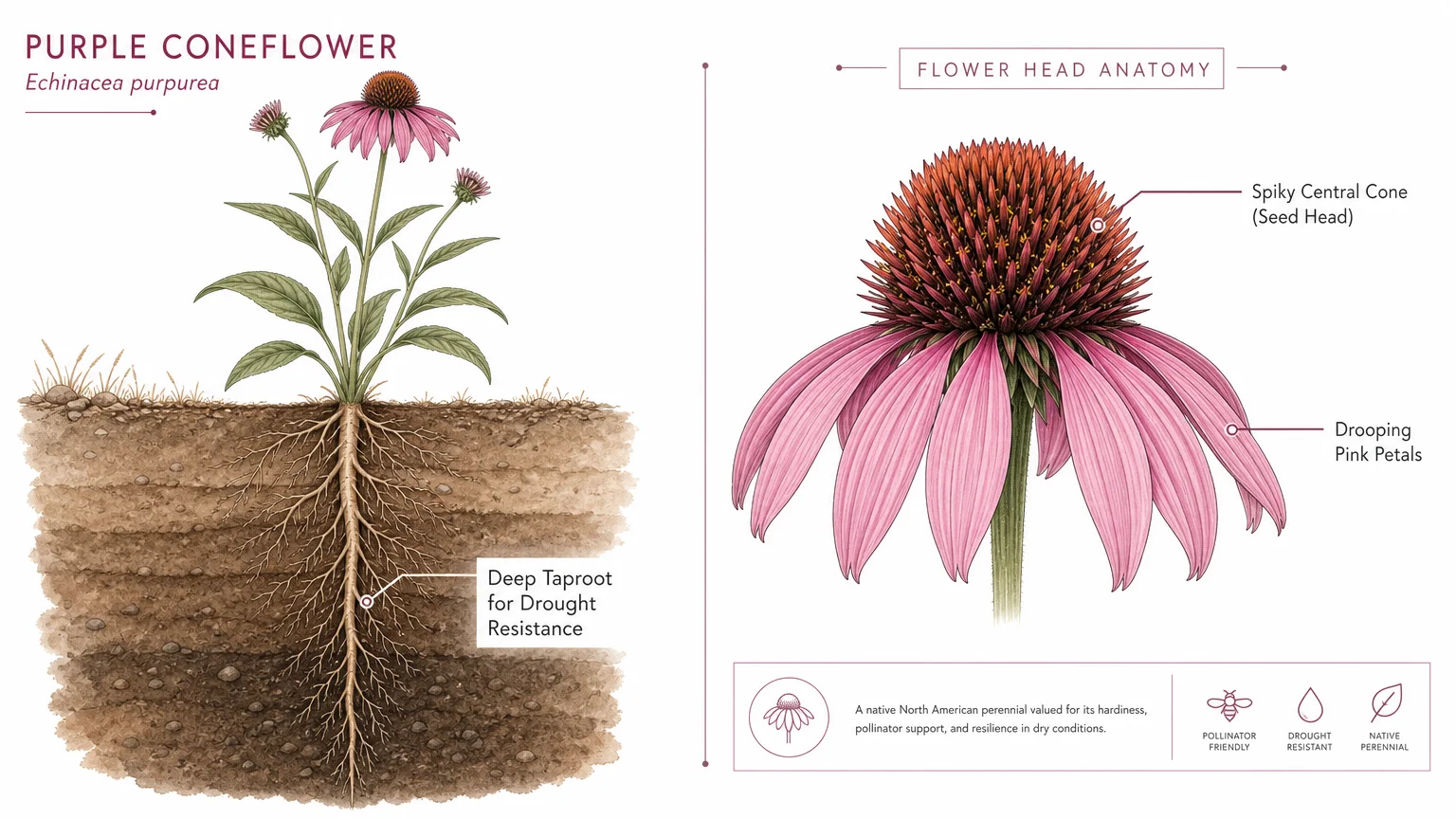 A clean botanical diagram showing the anatomical features of a coneflower, highlighting its deep taproot and spiky central cone.