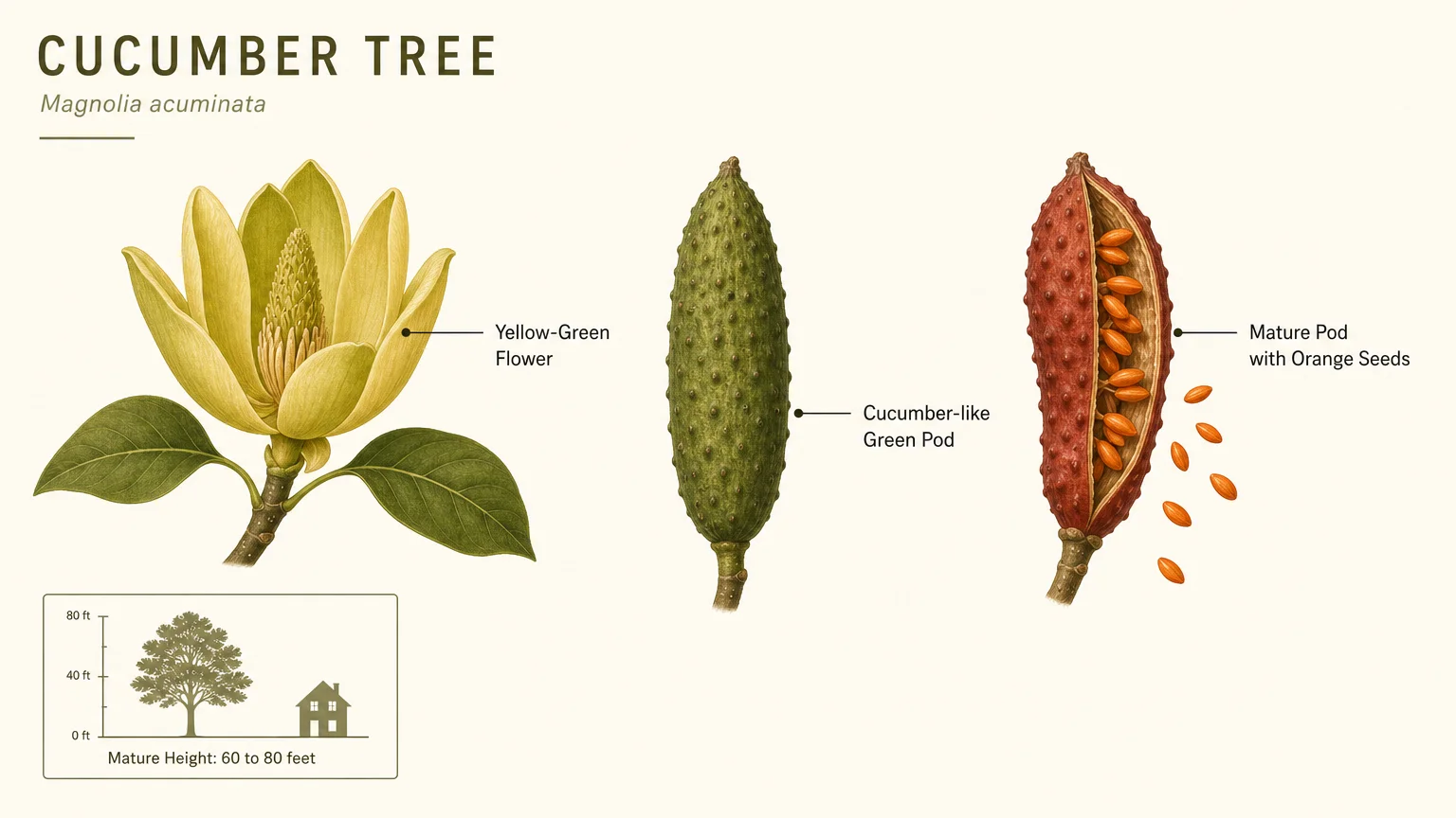 A clean botanical diagram showing the flower, green cucumber-shaped pod, and mature red seed pod of a Cucumber Tree with labels.