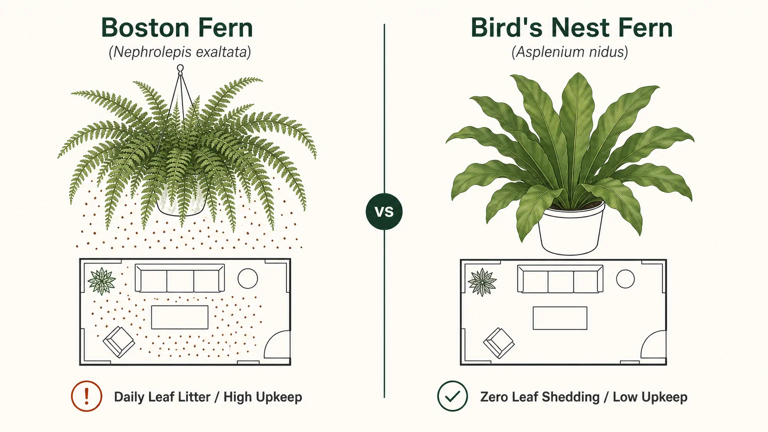 A clean data-style infographic mapping the high leaf shed rate of Boston Ferns versus the zero-mess Bird's Nest Fern.