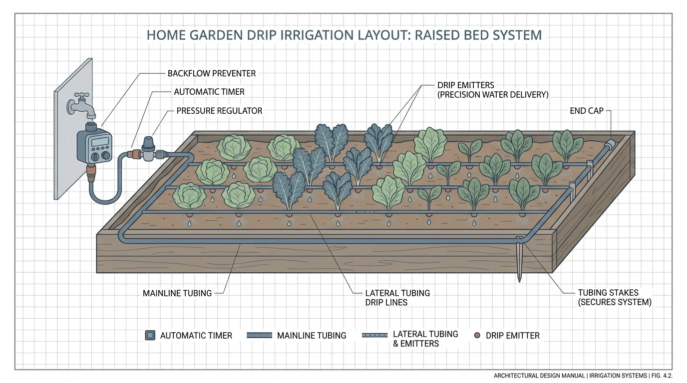 A clean, detailed diagram showing the layout of a drip irrigation system from the automatic timer to the emitters in a raised bed.