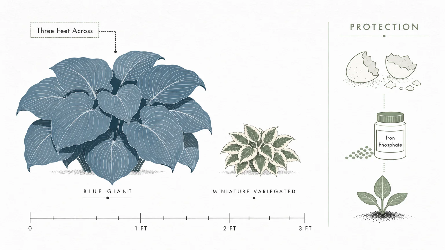 A clean infographic comparing a giant hosta to a miniature variety, with labels for size and slug protection methods.