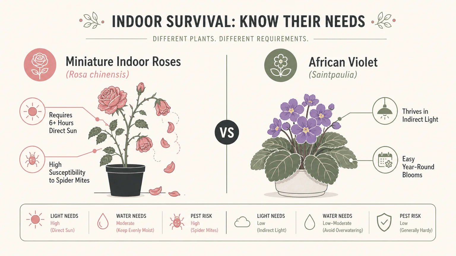 A clean, minimalist infographic comparing the high demands of miniature roses to the easy-care African Violet.