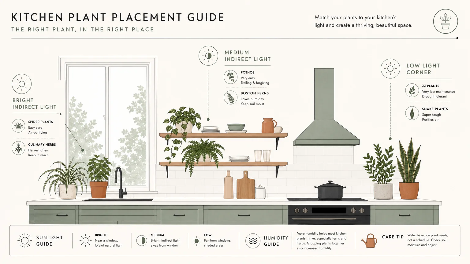 A clean visual diagram showing ideal kitchen placement for houseplants based on light levels like 'Bright Indirect' and 'Low Light Corner'.