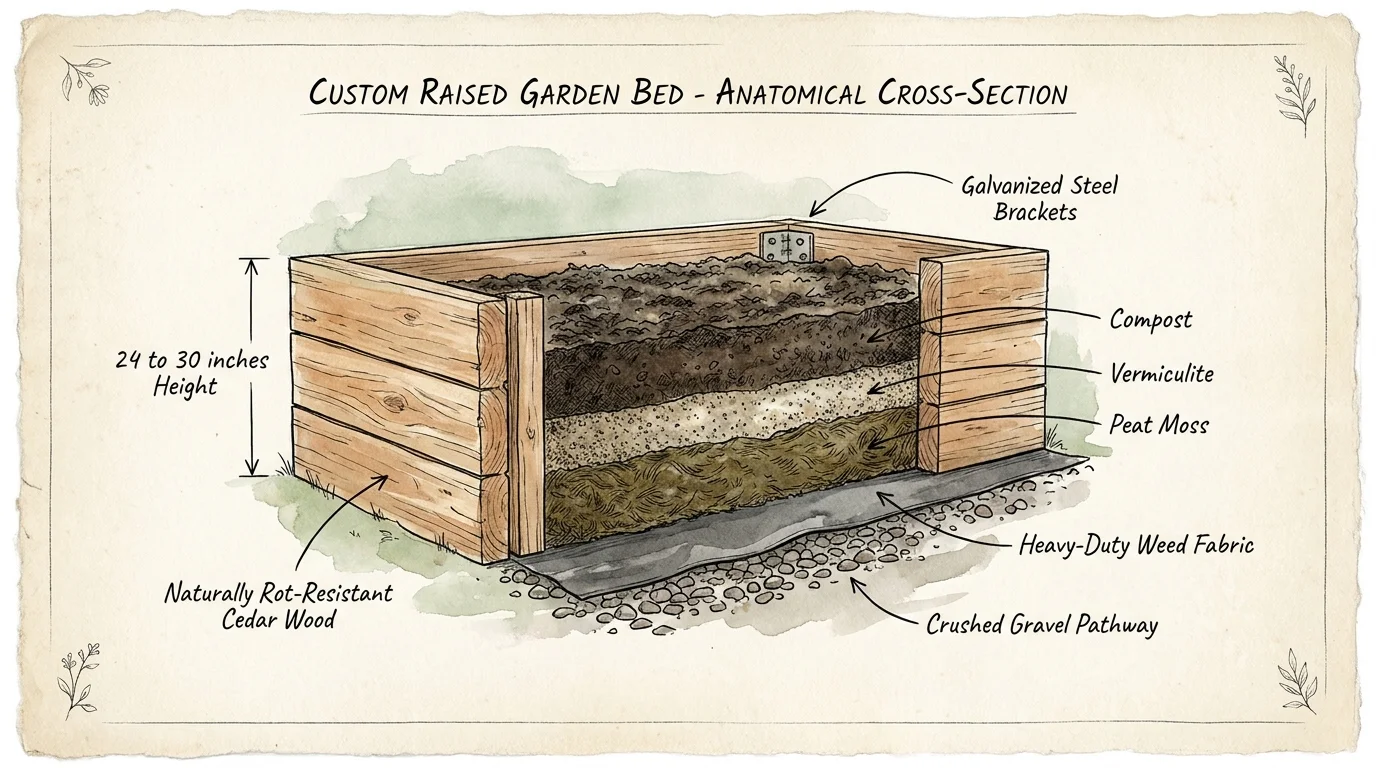 A clear, hand-drawn diagram illustrating the construction layers and ergonomic measurements of a raised garden bed.