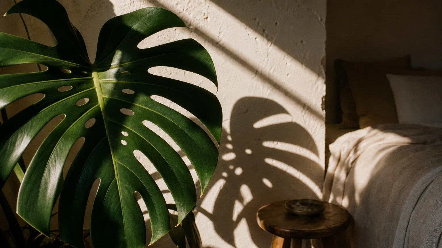 A close-up film photograph of a large Monstera leaf casting dramatic shadows on a plaster wall in a sunny bedroom.