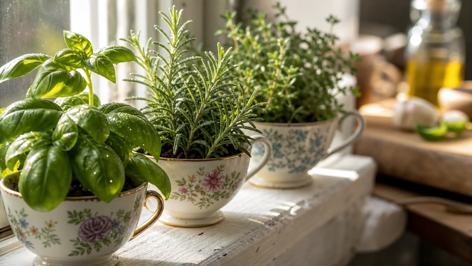 A close-up of fresh basil, rosemary, and thyme herbs growing in vintage teacups on a sunlit wooden windowsill.