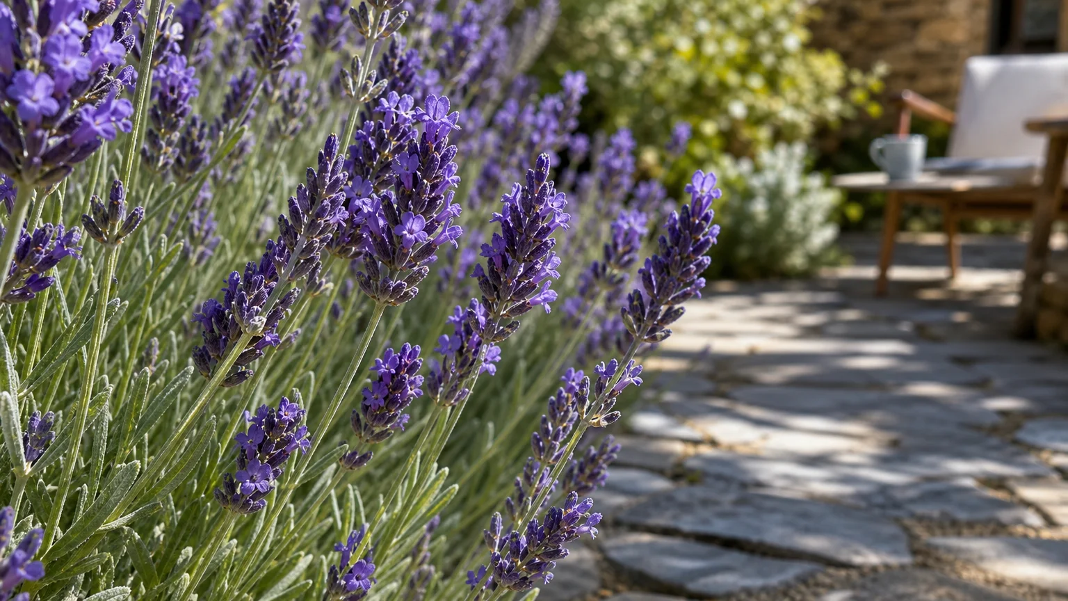 A close-up of purple lavender flowers blooming next to a stone garden path in bright afternoon sunlight.