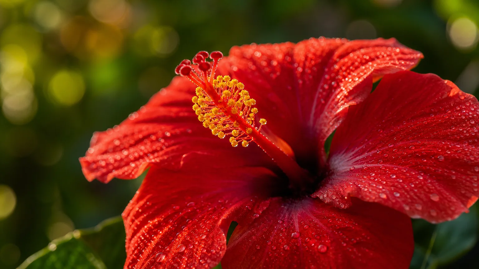A close-up photo of a vibrant red hibiscus flower in full bloom, with golden morning sunlight highlighting its pollen-dusted stamen.