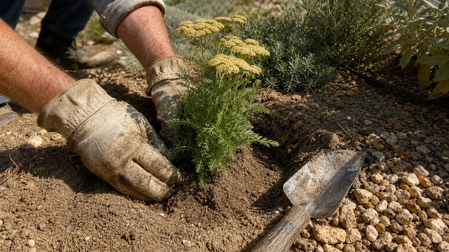 A close-up photograph of a gardener's gloved hands planting a feathery yellow yarrow plant into dry, gravelly soil.