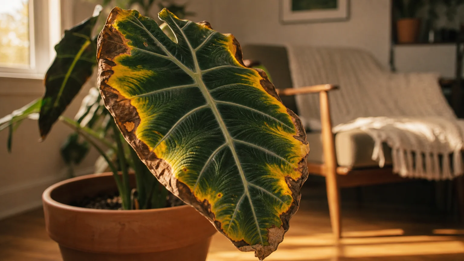 A close-up photograph of a giant Alocasia leaf with yellowing margins and crispy brown edges in a warm living room.