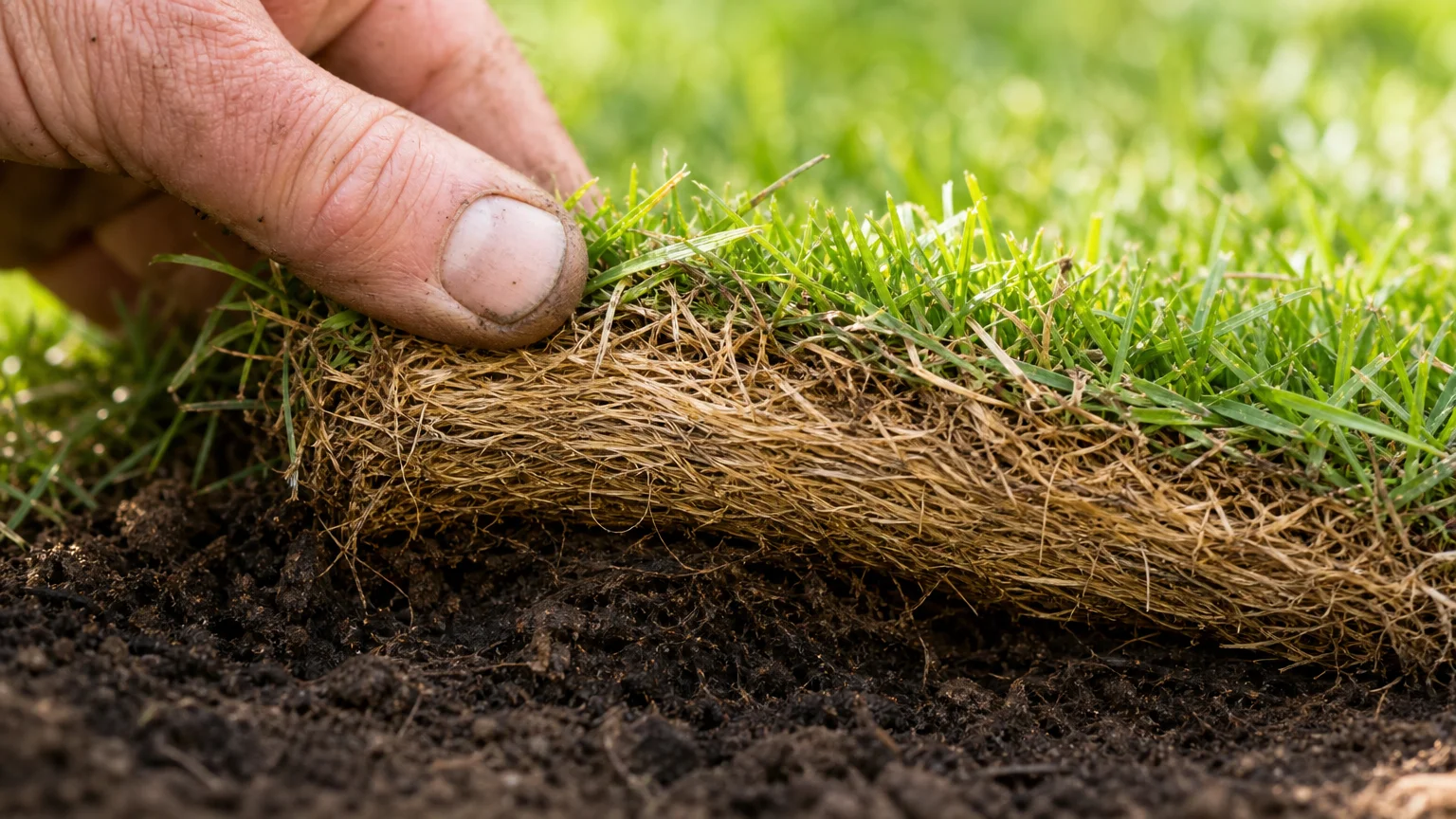 A close-up photograph of a hand peeling back grass to show a thick thatch layer.