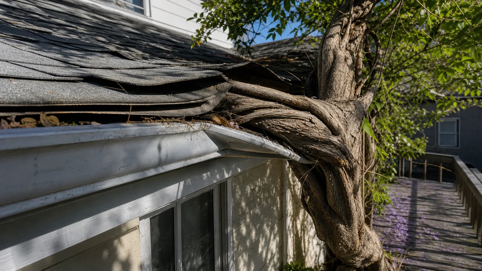 A close-up photograph of a thick wisteria vine damaging a house gutter and roof shingles.
