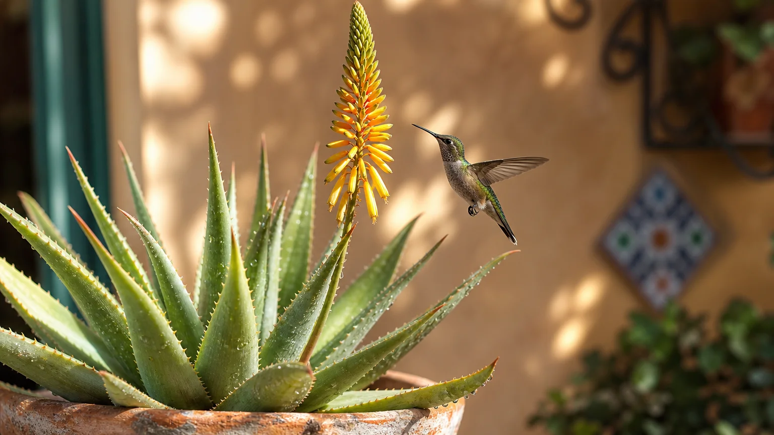 A close-up photograph of an Aloe Vera plant in a terracotta pot with a towering yellow flower spike attracting a hummingbird.