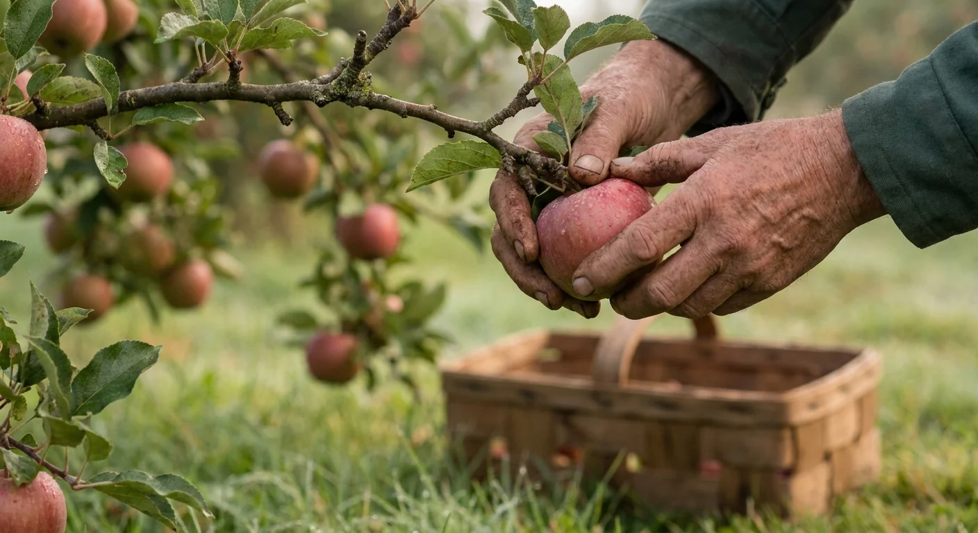 A close-up photograph of an older gardener's weathered hands harvesting a ripe red apple from a dwarf fruit tree.
