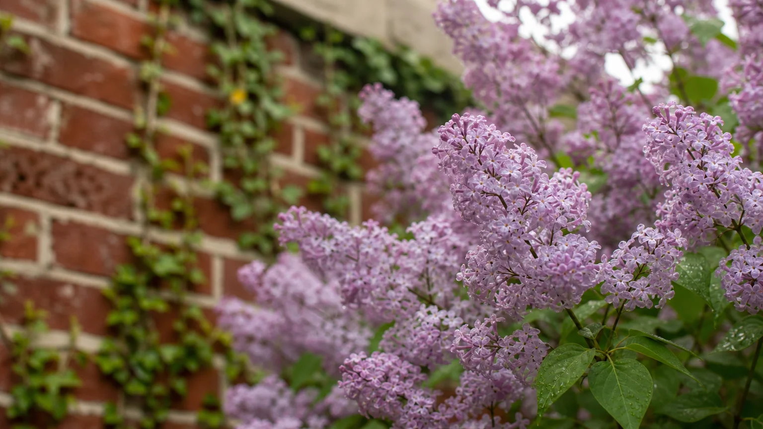 A close-up photograph of pale purple dwarf lilac blossoms blooming against an old red brick foundation.