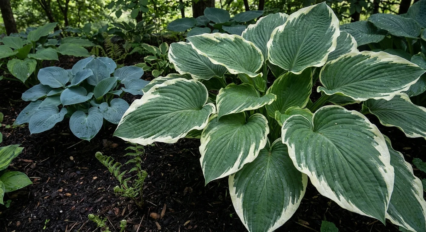 A close-up shot of lush, large variegated hosta leaves with cream borders and deep green centers in a shady garden bed.