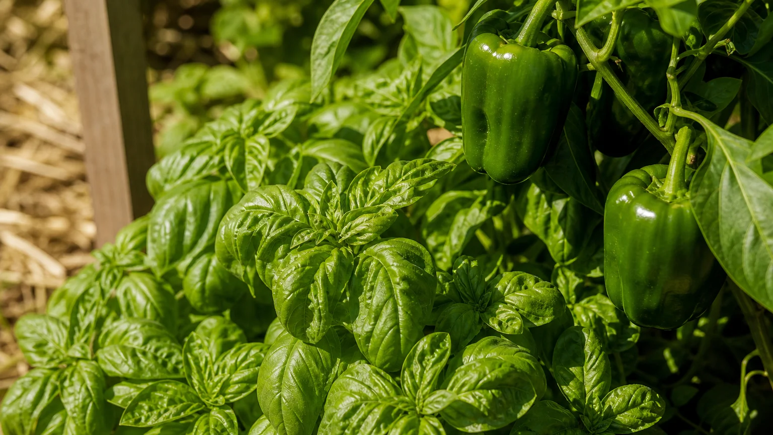 A close-up view of fresh green basil growing around the base of a pepper plant in a sunny garden bed.