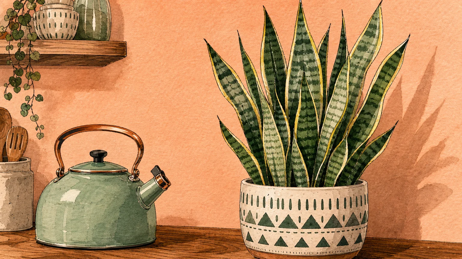 A colorful botanical illustration of an upright snake plant in a patterned ceramic pot next to a mint-green kettle.