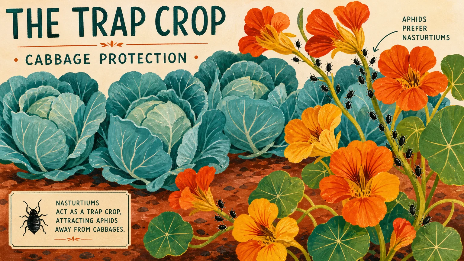A colorful botanical illustration showing bright nasturtiums protecting cabbages from garden pests.