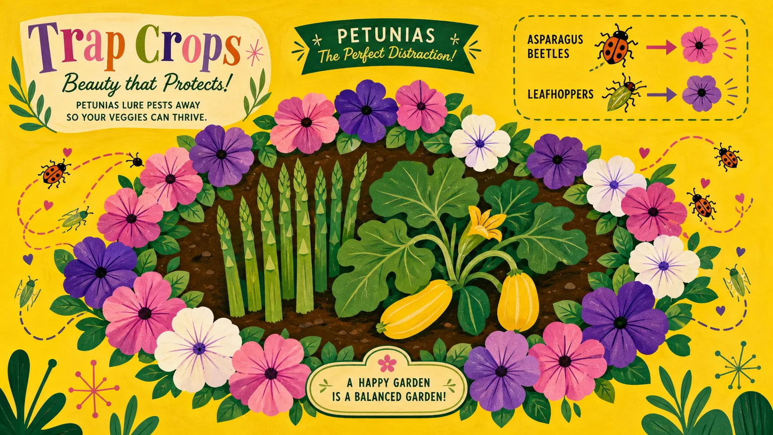 A colorful gouache painting of petunias bordering a vegetable patch, serving as a decorative and functional pest trap.