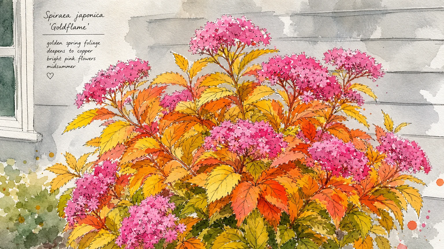 A colorful watercolor illustration of a spirea bush with bright golden leaves and pink flower clusters.