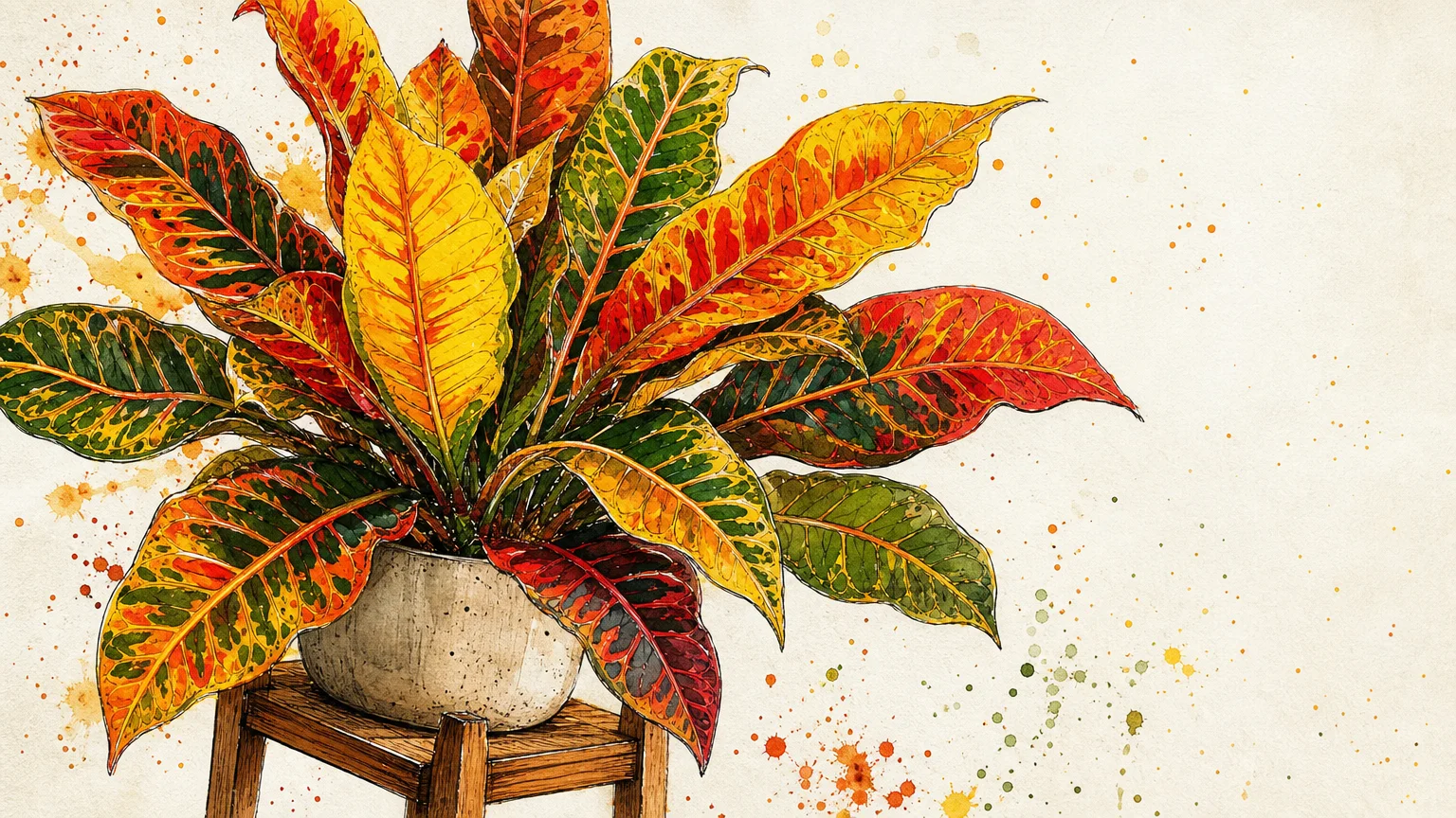 A colorful watercolor painting of a Croton plant showing bright red, yellow, and orange variegation on its leaves.