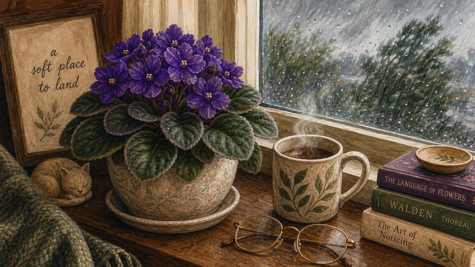 A cozy gouache illustration of a blooming purple African Violet sitting on an indoor windowsill next to a warm mug and books.