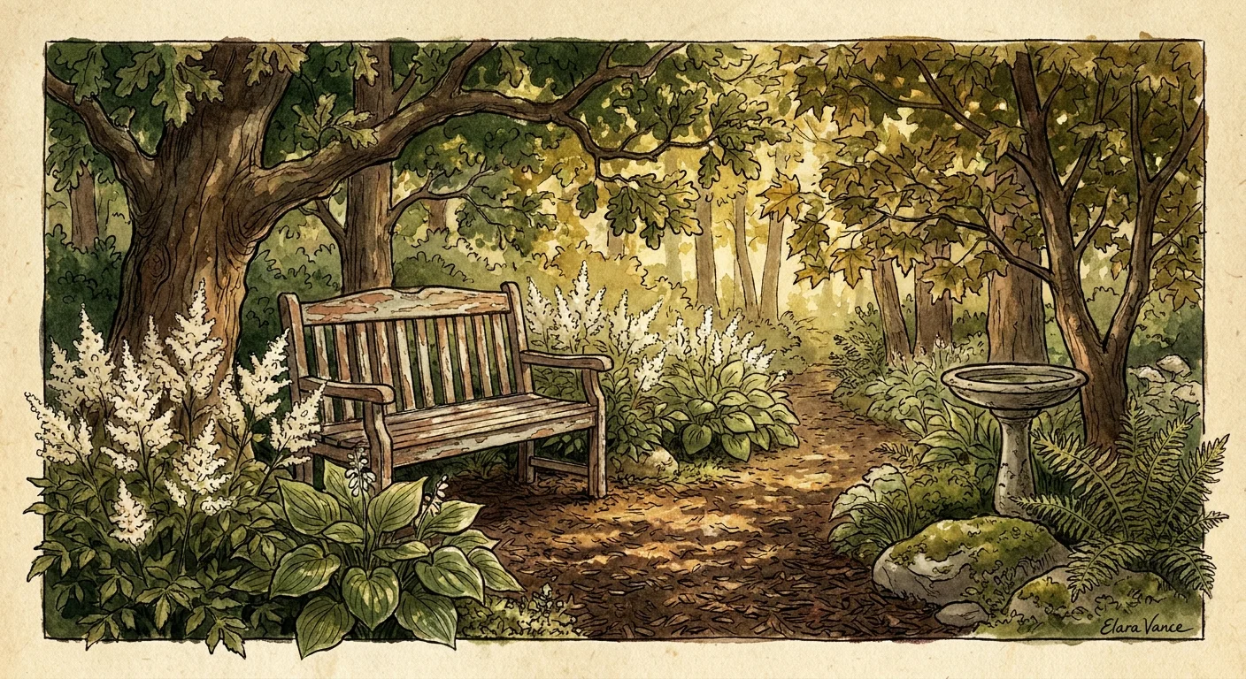 A cozy watercolor illustration of a wooden bench nestled along a shaded path under a canopy of mature woodland trees.