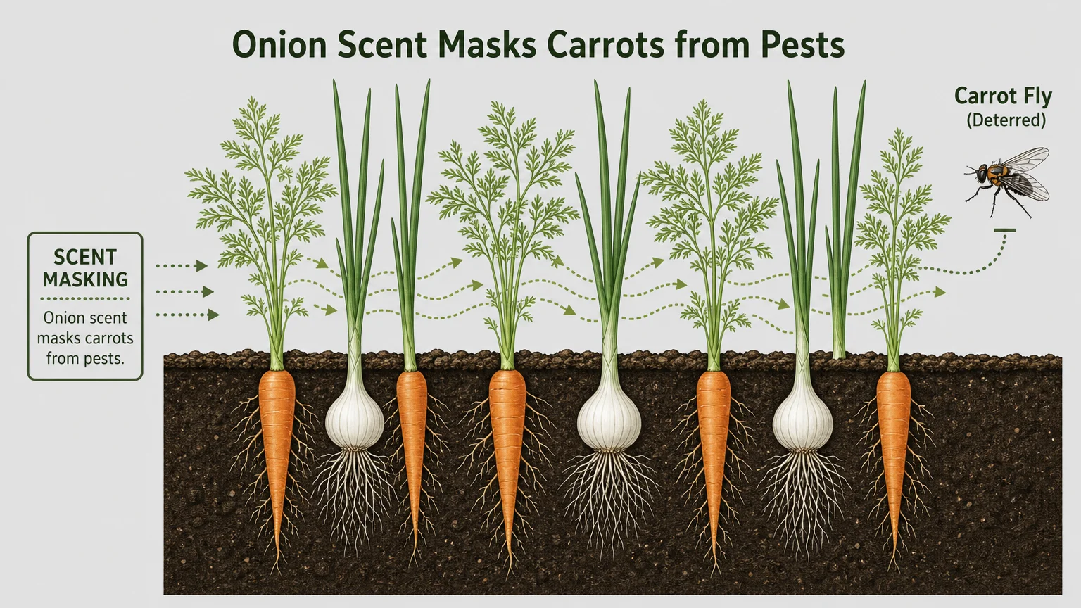 A cross-section diagram showing carrots and onions growing together, with labels explaining how onions protect carrots.