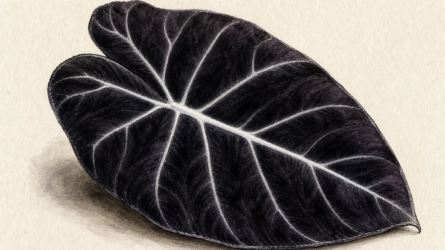 A detailed gouache botanical illustration of a Black Velvet Alocasia leaf, showcasing its deep charcoal texture and silver veins.