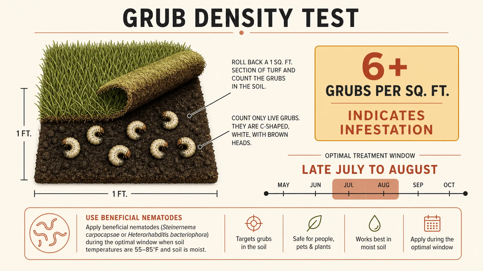 A diagram of a lawn grub test showing rolled-back turf and white grubs.