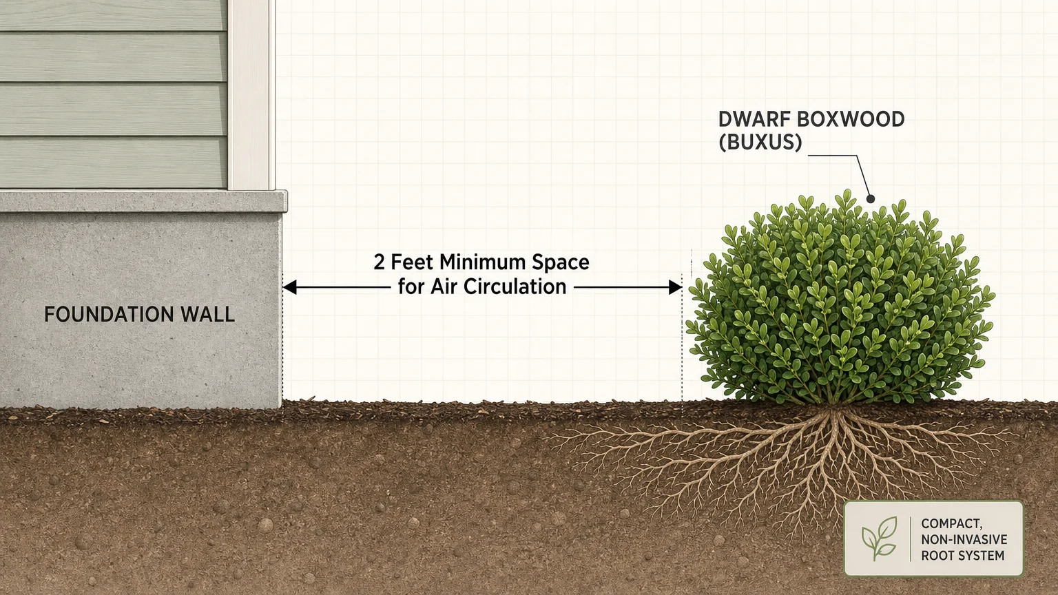 A diagram showing a boxwood shrub planted exactly two feet away from a concrete foundation wall to ensure air circulation.