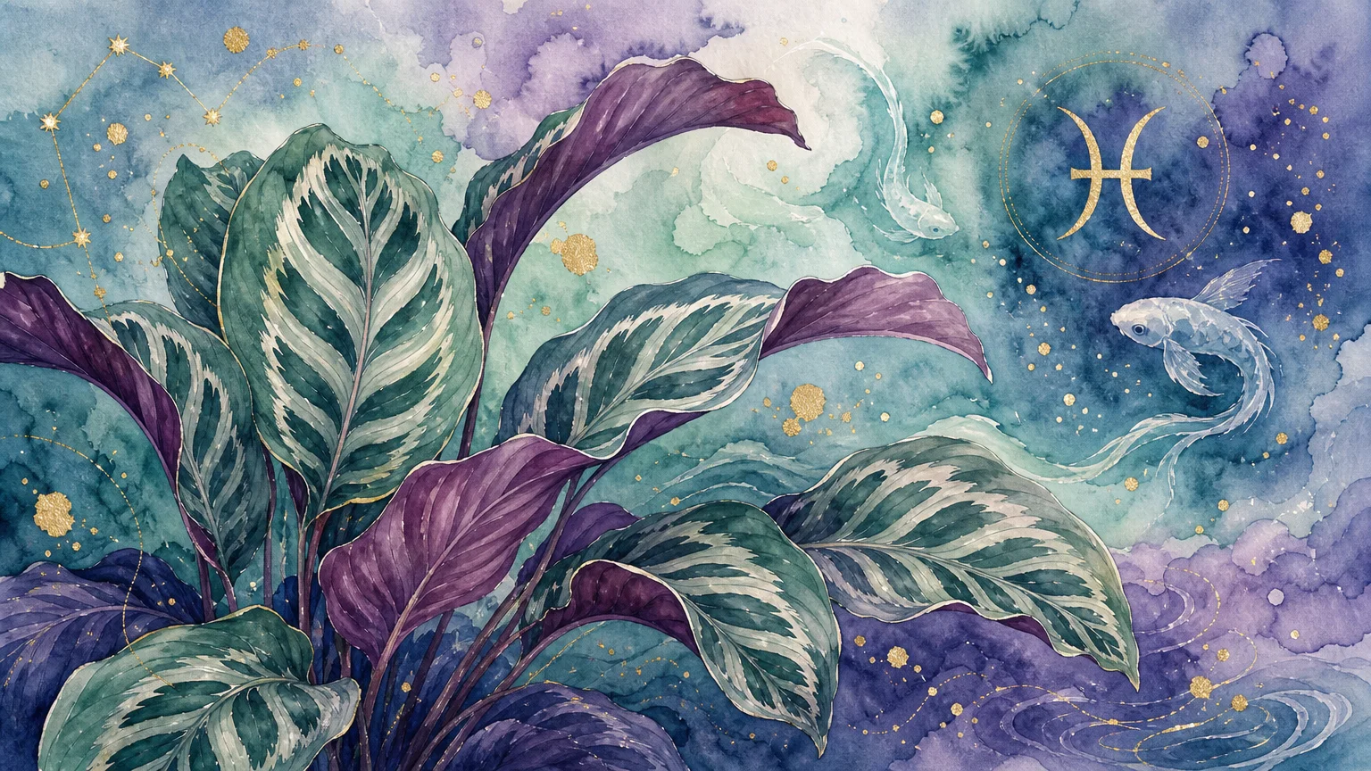 A dreamy watercolor illustration of a patterned Calathea plant floating gracefully in a soft violet and teal watery background.