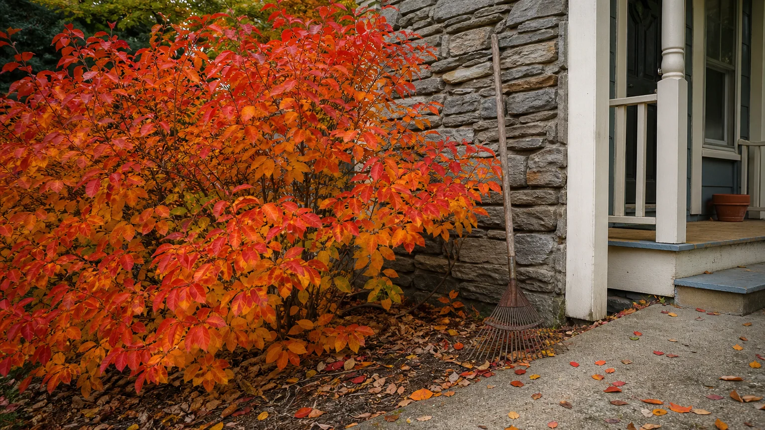 A dwarf fothergilla bush with brilliant orange and red autumn leaves next to a stone foundation wall.