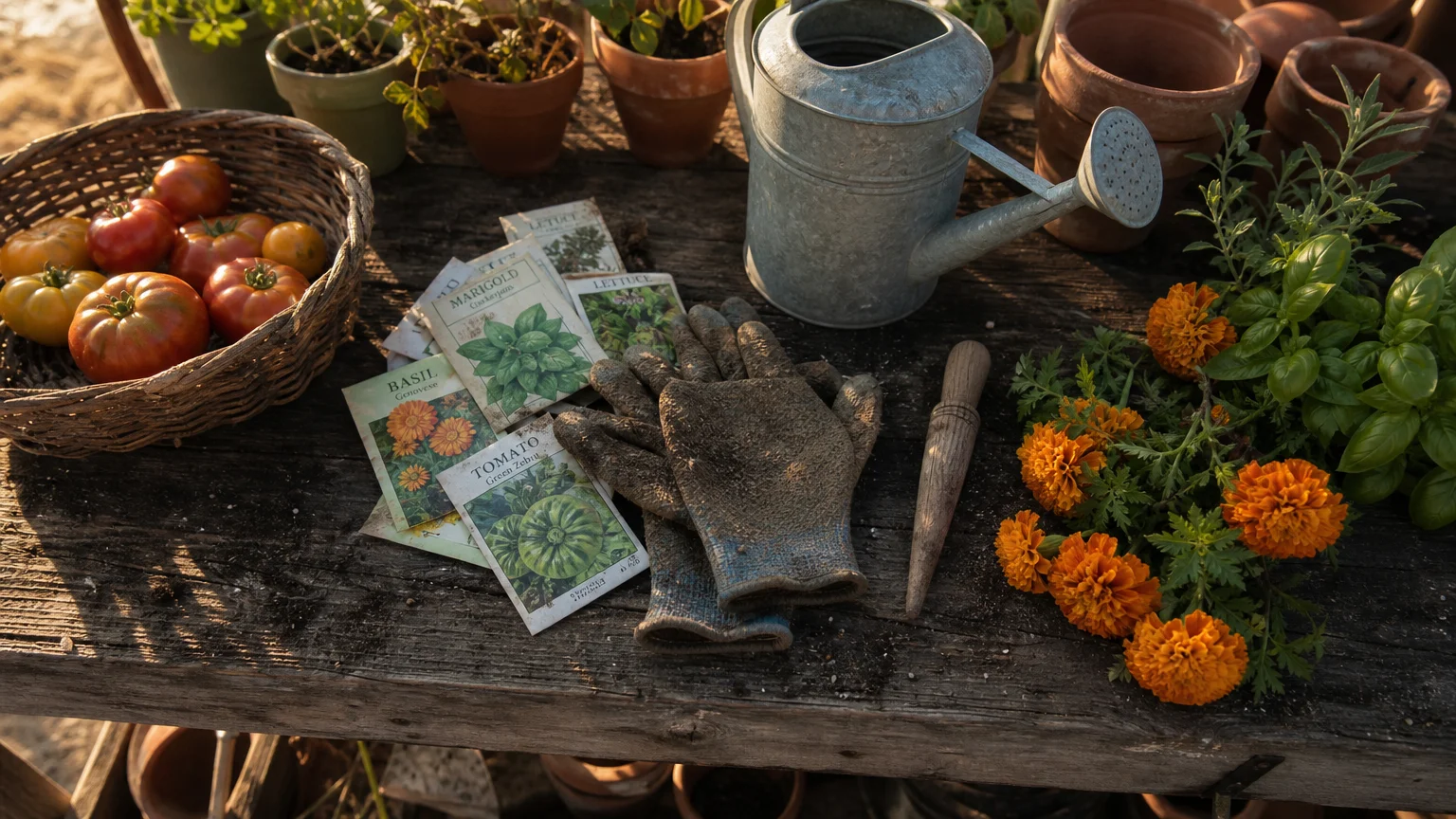 A flat lay of gardening tools, seed packets, heirloom tomatoes, and marigolds on a rustic wooden workbench in morning light.