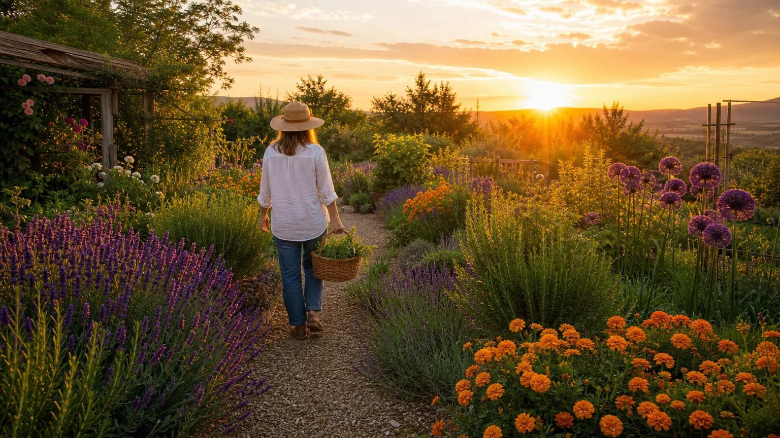 A gardener walking through a lush, healthy, and bug-free backyard garden at sunset.