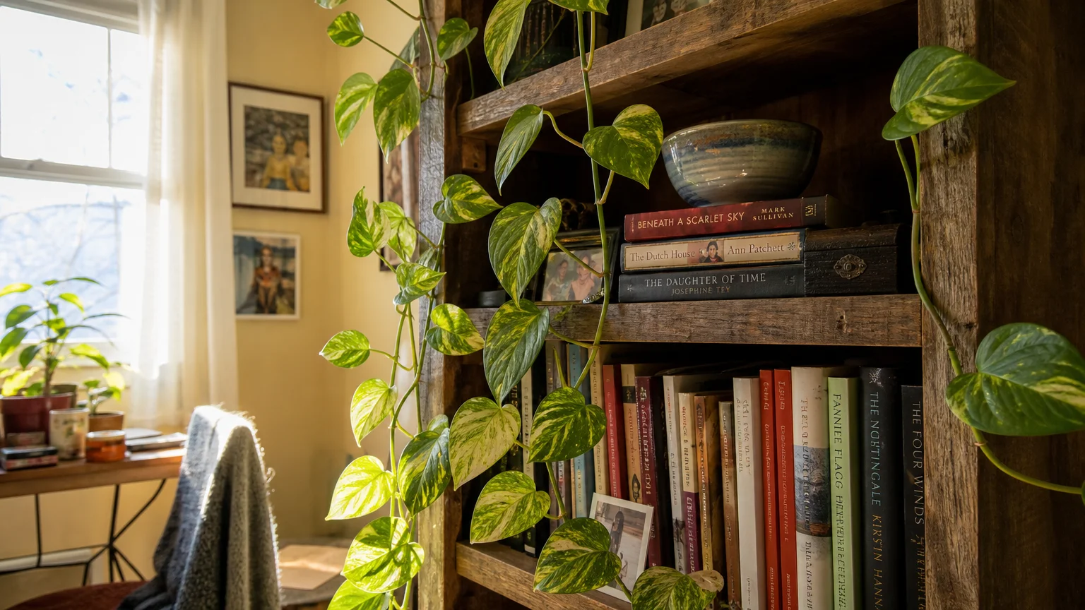 A Golden Pothos plant with variegated yellow-green leaves trailing down a rustic wooden bookshelf in warm morning light.