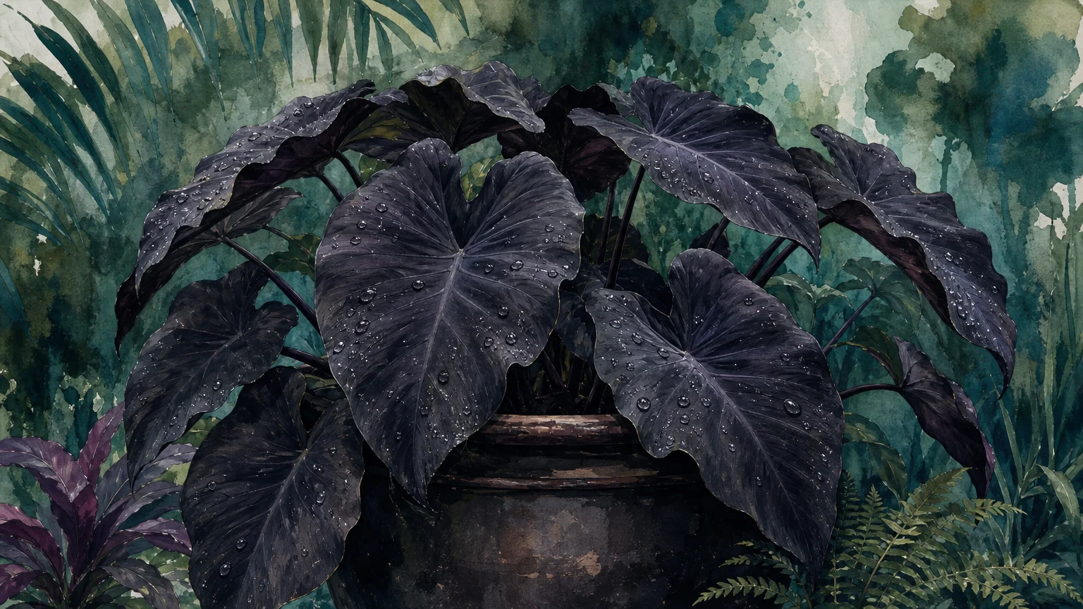A gouache botanical illustration of massive, heart-shaped Black Magic Elephant Ear leaves dripping with moisture in a dark clay urn.