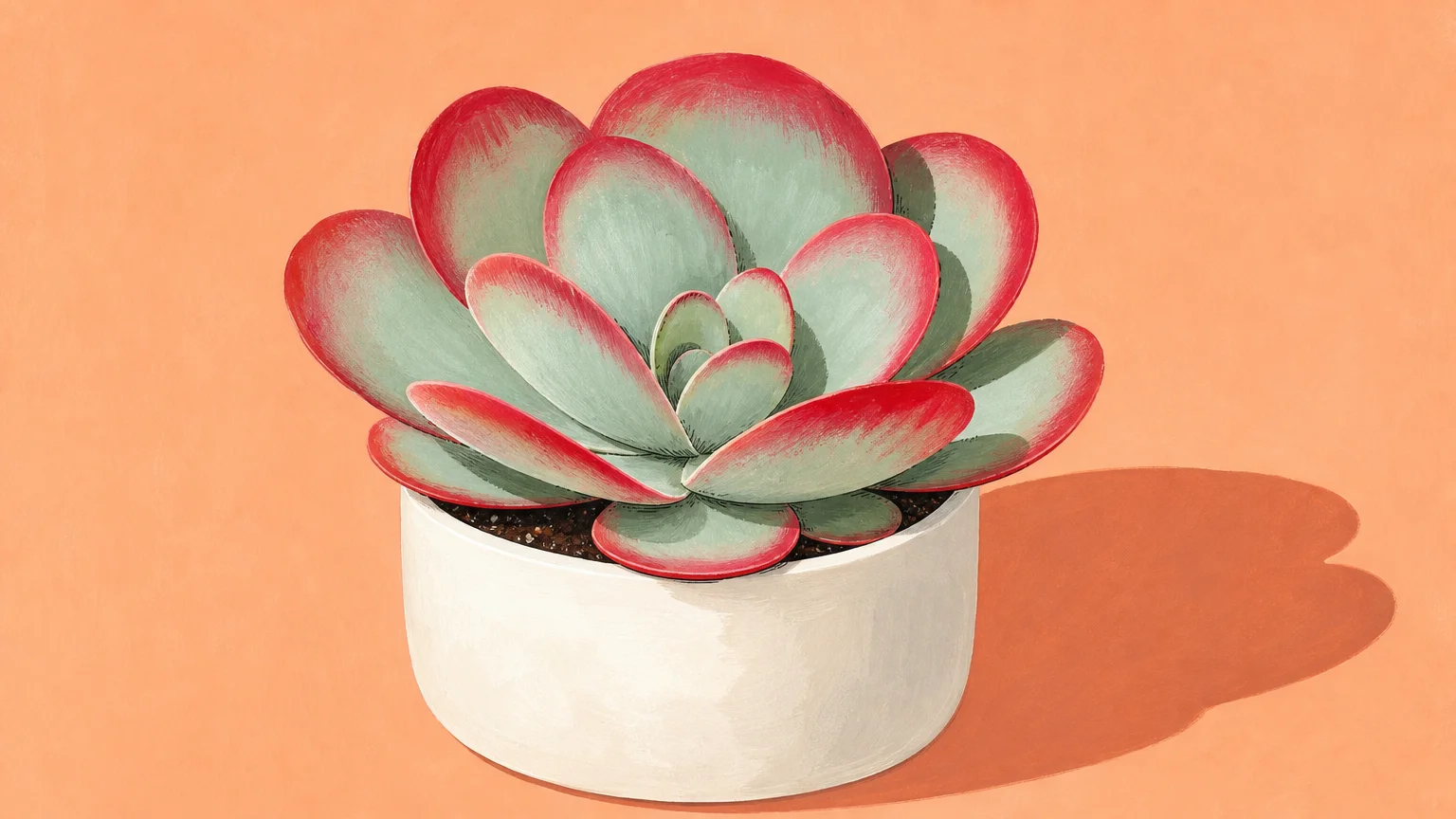 A gouache illustration of a Paddle Plant in a white pot, showing flat, rounded green leaves with vibrant red margins.