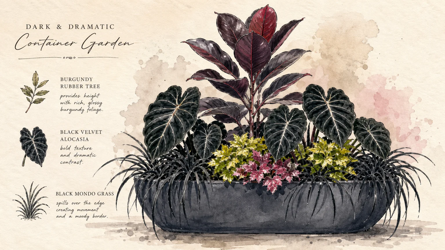 A gouache illustration of a slate-grey planter filled with an artistic mix of tall and low-growing black plants with green accents.