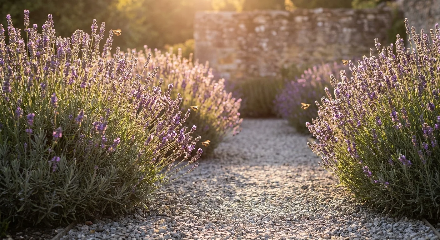 A gravel garden path lined with blooming, vibrant purple English lavender bushes under warm afternoon sunlight.