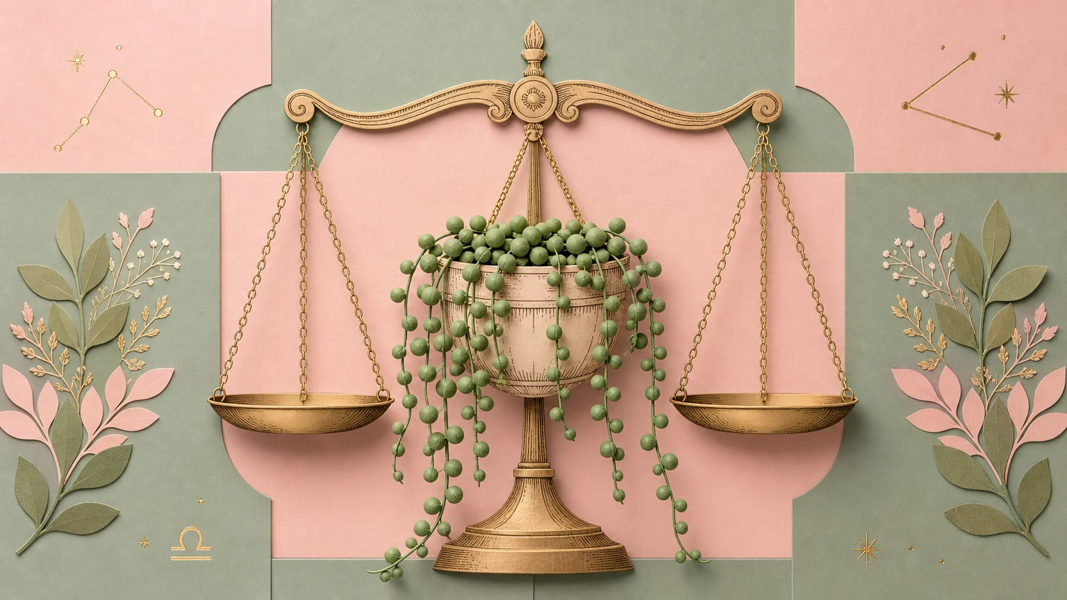 A harmonious collage of a String of Pearls plant cascading elegantly from a balanced brass scale on a pink and sage background.