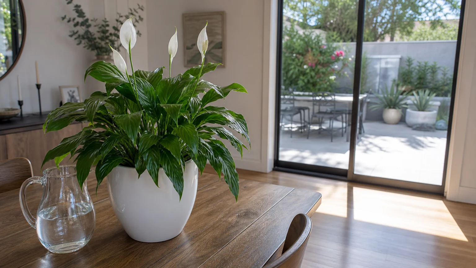 A healthy Peace Lily with dark green leaves and white blooms sits in a cool, shaded indoor room near a sunny patio door.