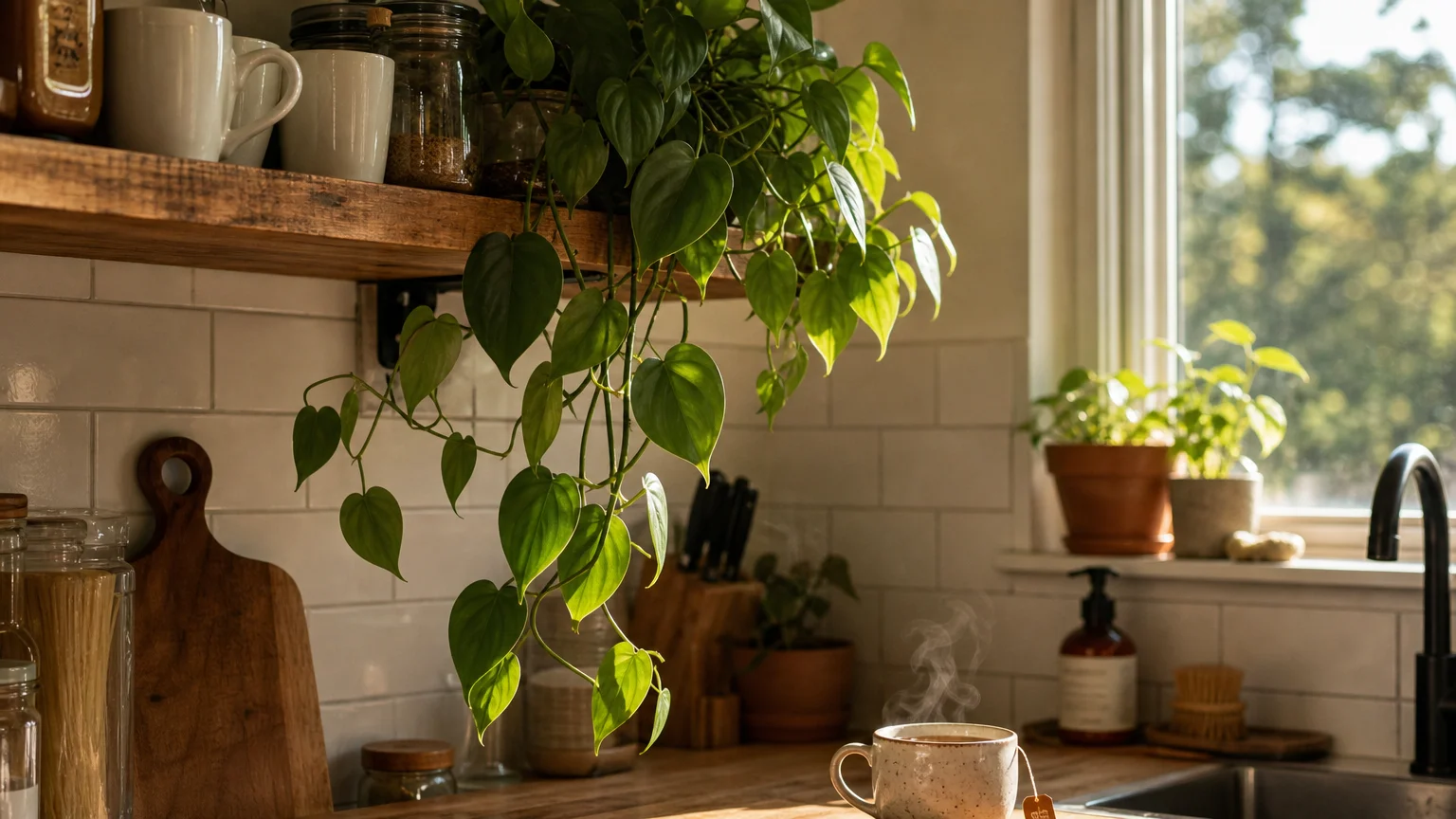 A Heartleaf Philodendron trailing down kitchen shelves past mugs and spice jars in warm morning light.