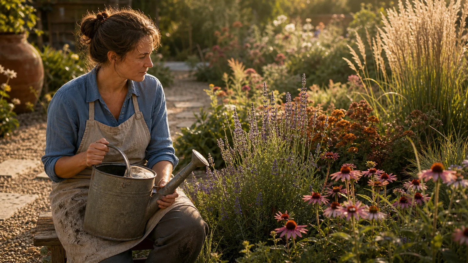 A home gardener in a linen shirt sitting in a sun-drenched, thriving flower garden in the afternoon.