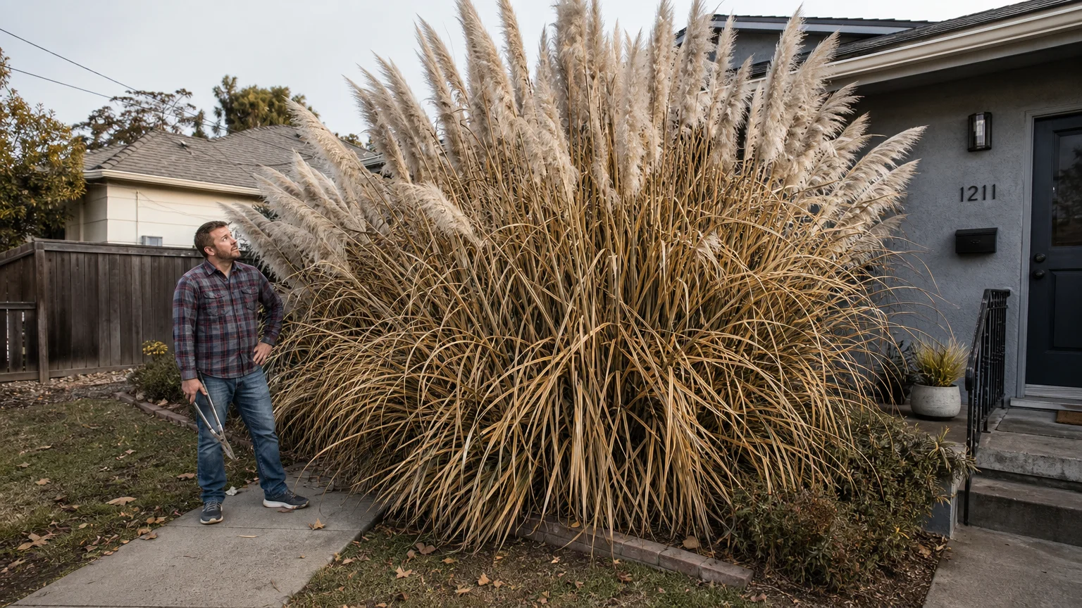 A homeowner standing next to a massive, overgrown pampas grass that is blocking their front window.
