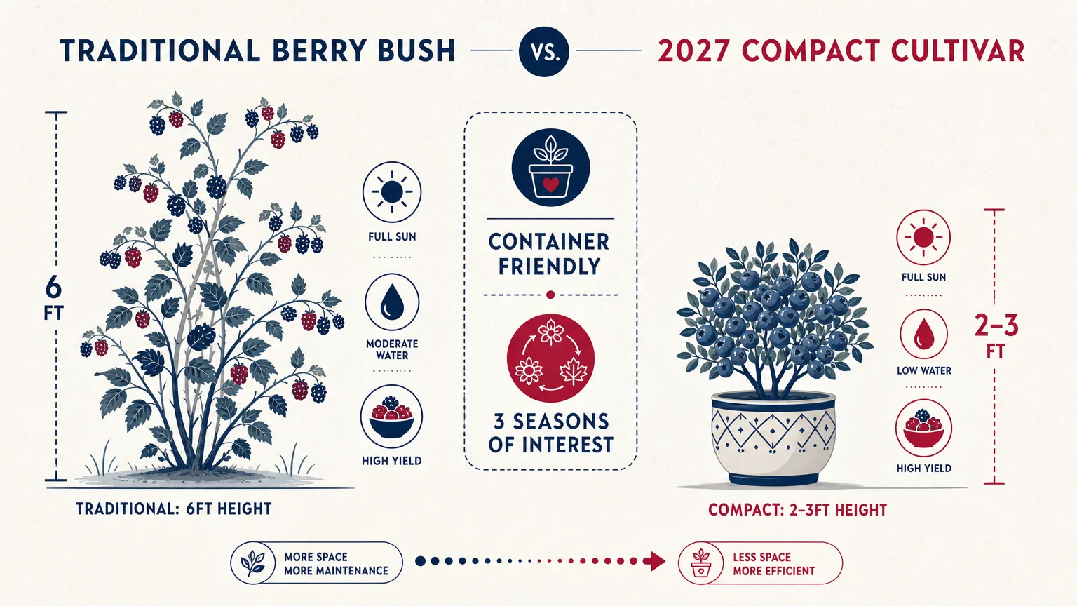 A horizontal infographic comparing the 6-foot height of traditional bushes to the 2-3 foot height of compact berry varieties.